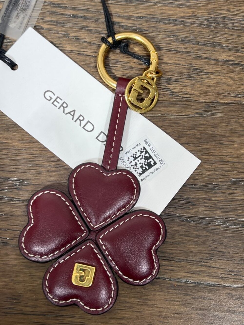 GERARD DAREL Leather Bag Charm Key Ring 4 Leaf Clover Bordeaux Brown NWT - Picture 2 of 6